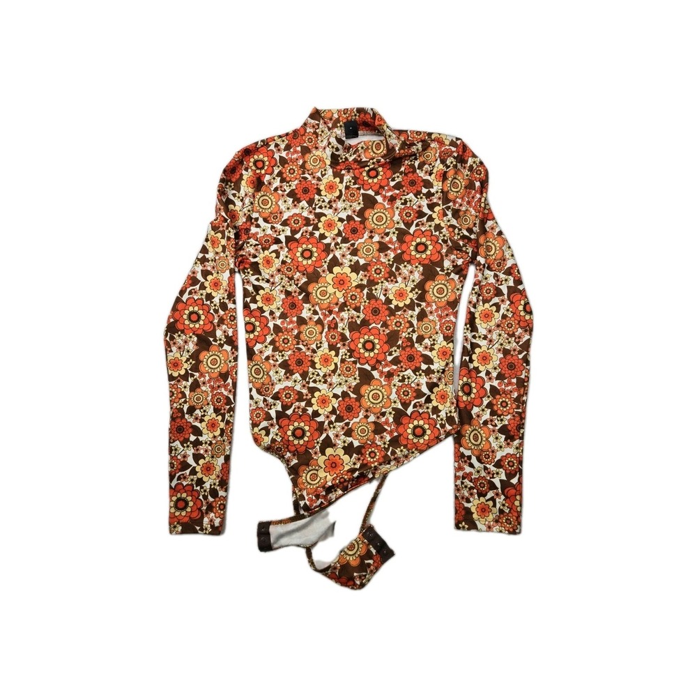 Floral Bodysuit Size XL Retro 70's Long Sleeve Boho Hippie Top‎